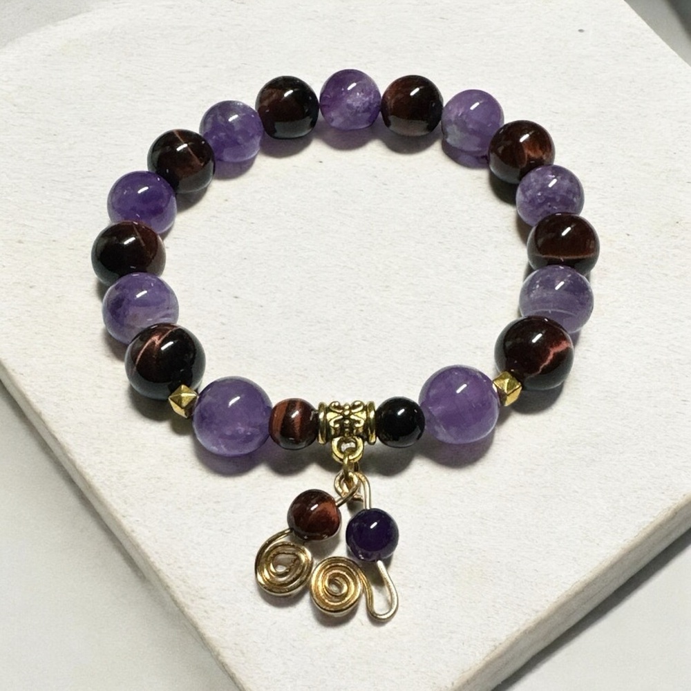 ✨Natural Amethyst & Tigers Eye Stretch Bracelet with Charm✨
